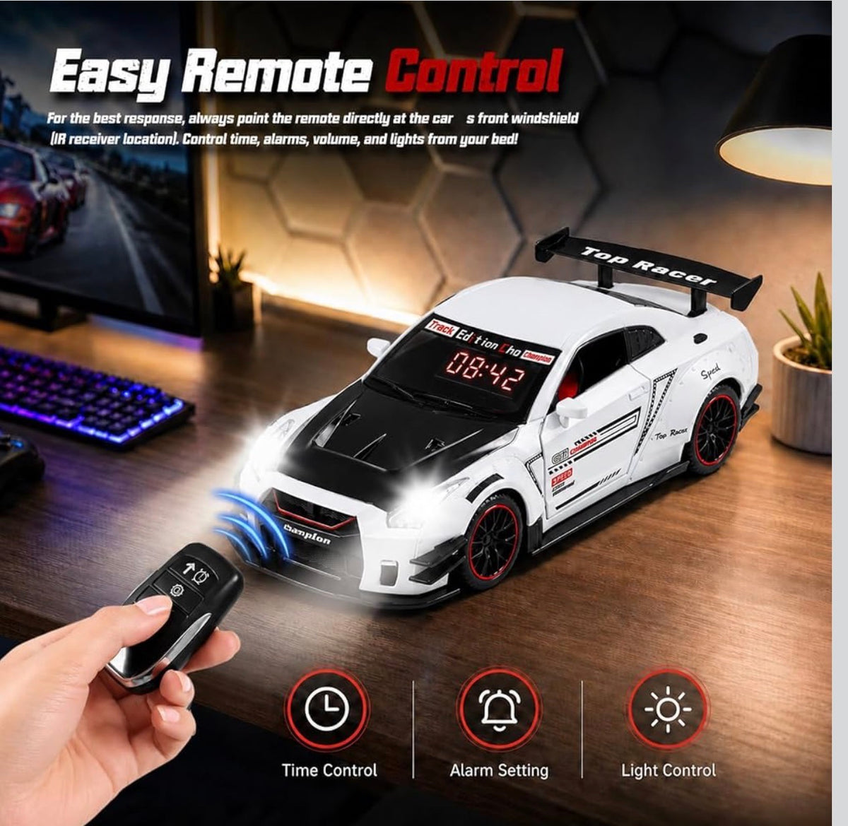 GTR ,Car Loud Alarm Clock for Heavy Sleepers Adults with Engine Sound Racing Alarm Clock
