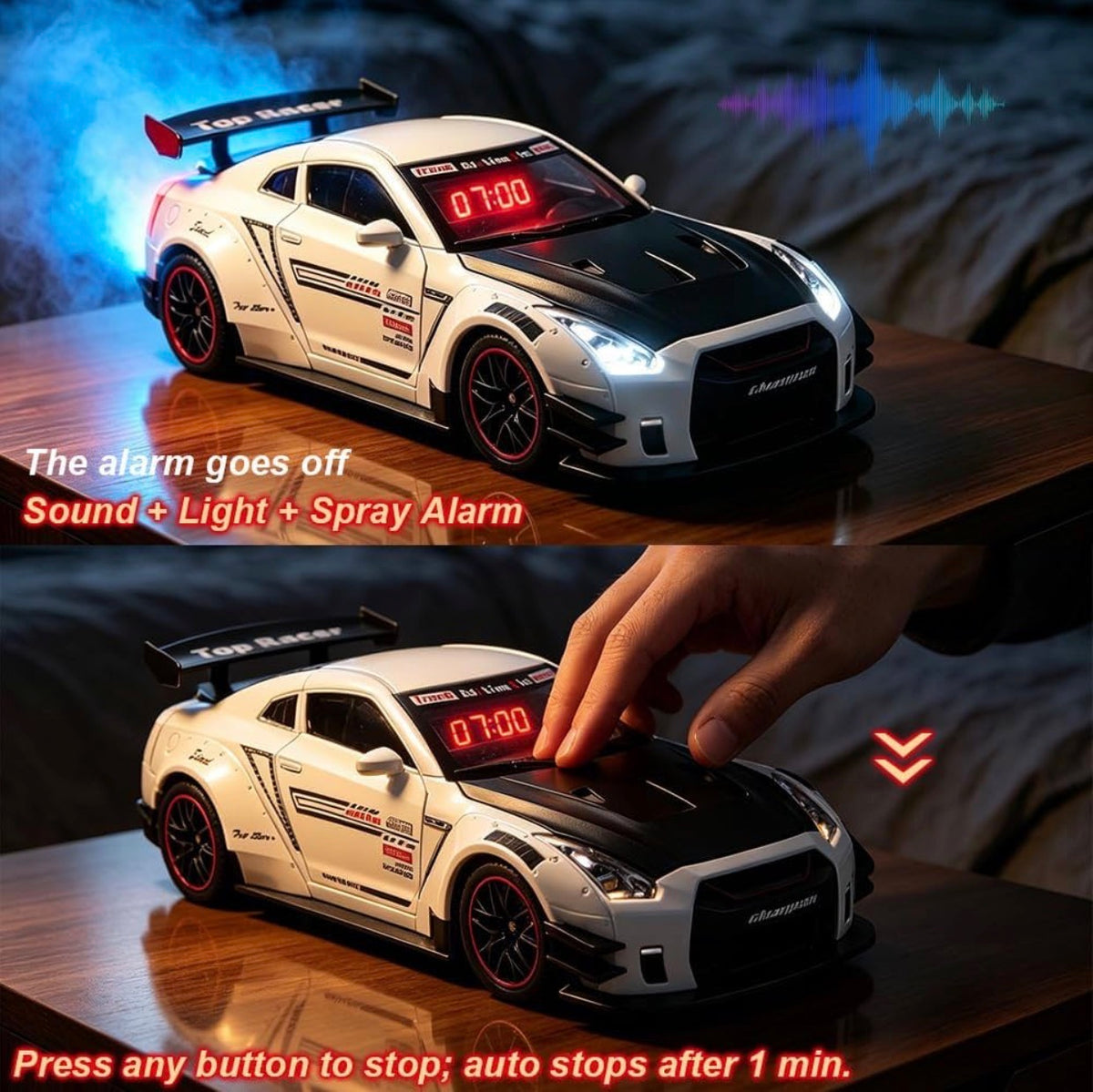 GTR ,Car Loud Alarm Clock for Heavy Sleepers Adults with Engine Sound Racing Alarm Clock