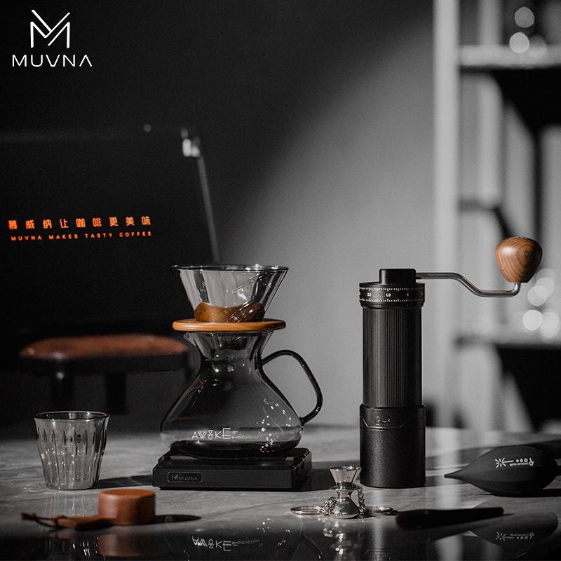MUVNA Pour-Over Coffee Pot V-60 Set, Hand-Crank Grinder, Dripper, Sharing Kettle