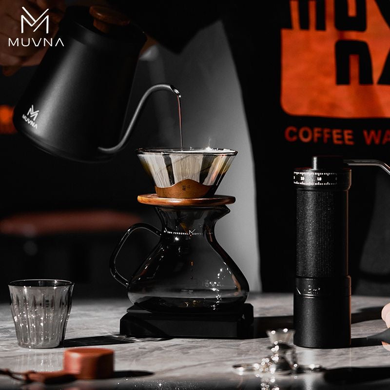 MUVNA Pour-Over Coffee Pot V-60 Set, Hand-Crank Grinder, Dripper, Sharing Kettle