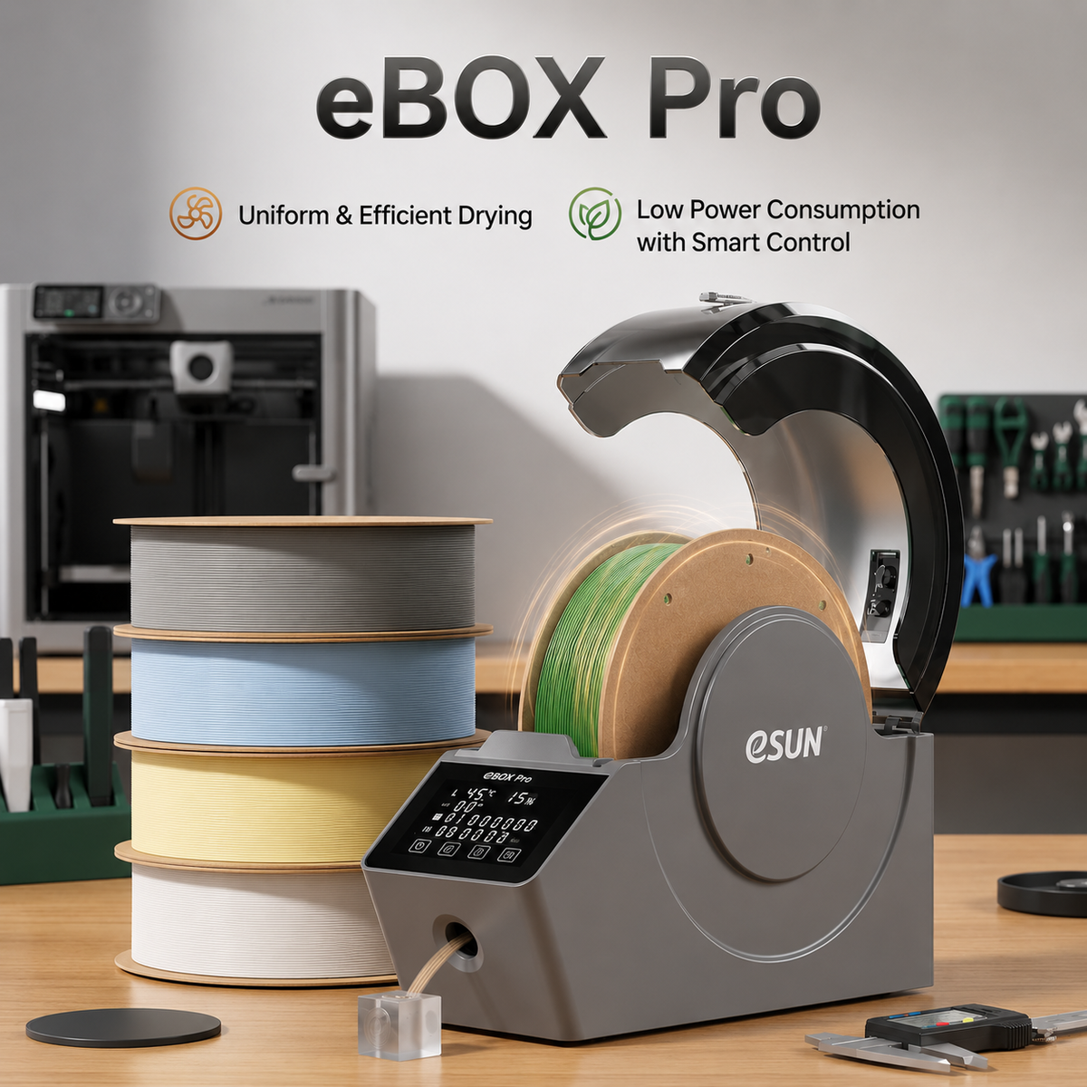 ESUN 3D Filament Dryer Upgraded 3D Filaments Drying Box eBox Pro Storage Holder High-temperature PI Heating 360°surrounded Dryer